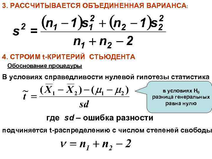 3. РАССЧИТЫВАЕТСЯ ОБЪЕДИНЕННАЯ ВАРИАНСА: 4. СТРОИМ t-КРИТЕРИЙ СТЬЮДЕНТА Обоснование процедуры В условиях справедливости нулевой