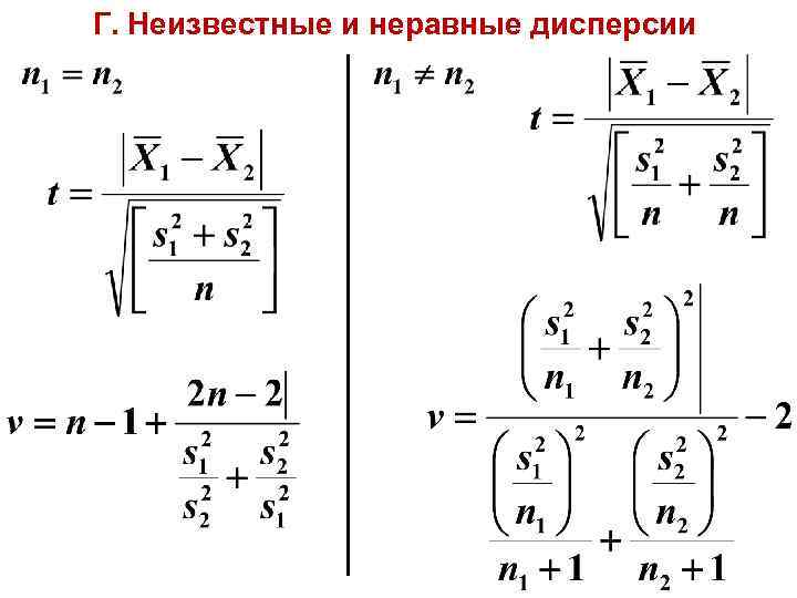 Г. Неизвестные и неравные дисперсии 