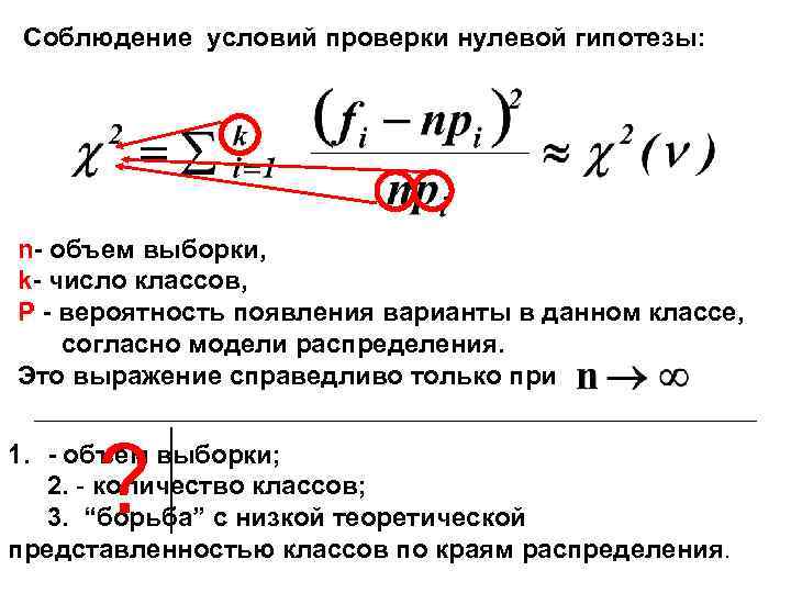 Соблюдение условий проверки нулевой гипотезы: n- объем выборки, k- число классов, P - вероятность