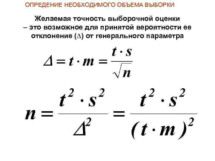 ОПРЕДЕНИЕ НЕОБХОДИМОГО ОБЪЕМА ВЫБОРКИ Желаемая точность выборочной оценки – это возможное для принятой вероятности