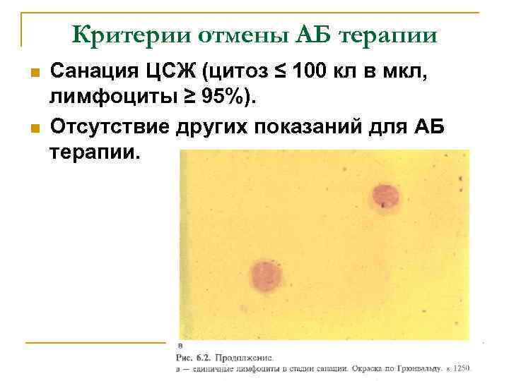 Критерии отмены АБ терапии n n Санация ЦСЖ (цитоз ≤ 100 кл в мкл,