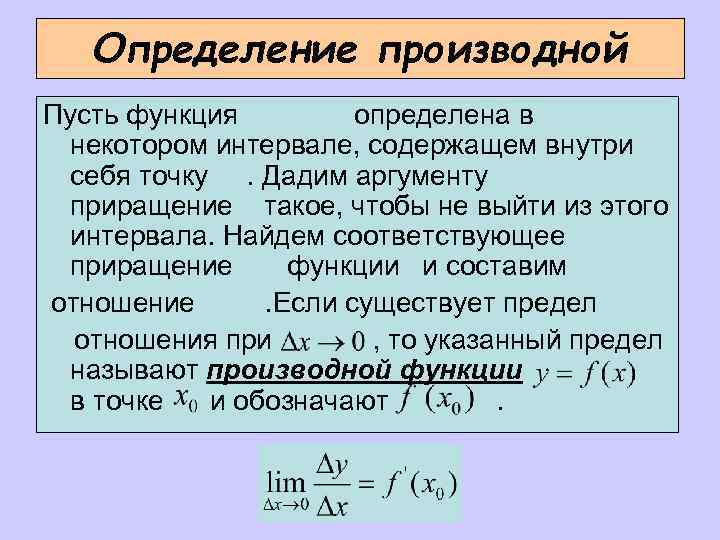 Определение производной Пусть функция определена в некотором интервале, содержащем внутри себя точку. Дадим аргументу