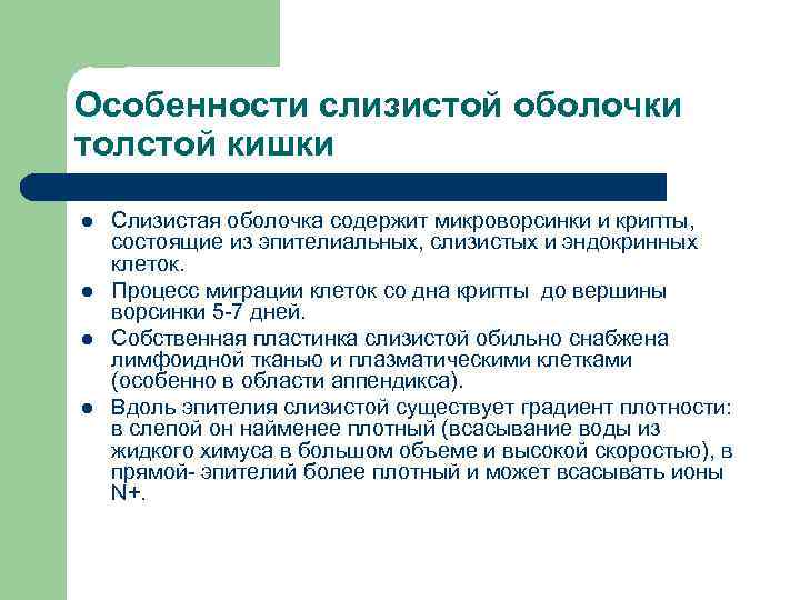 Особенности слизистой оболочки толстой кишки l l Слизистая оболочка содержит микроворсинки и крипты, состоящие
