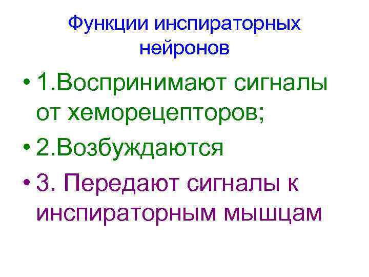 Функции инспираторных нейронов • 1. Воспринимают сигналы от хеморецепторов; • 2. Возбуждаются • 3.