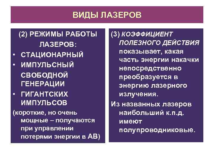 ВИДЫ ЛАЗЕРОВ (2) РЕЖИМЫ РАБОТЫ ЛАЗЕРОВ: • СТАЦИОНАРНЫЙ • ИМПУЛЬСНЫЙ СВОБОДНОЙ ГЕНЕРАЦИИ • ГИГАНТСКИХ
