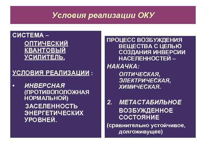 Условия реализации ОКУ СИСТЕМА – ОПТИЧЕСКИЙ КВАНТОВЫЙ УСИЛИТЕЛЬ. УСЛОВИЯ РЕАЛИЗАЦИИ : • ПРОЦЕСС ВОЗБУЖДЕНИЯ