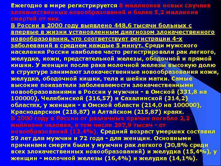 Ежегодно в мире регистрируется 8 миллионов новых случаев злокачественных новообразований и более 5, 2