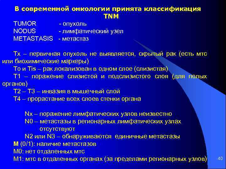 В современной онкологии принята классификация TNM TUMOR - опухоль NODUS - лимфатический узел METASTASIS