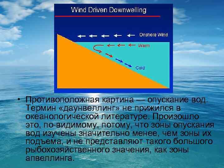  • Противоположная картина — опускание вод. Термин «даунвеллинг» не прижился в океанологической литературе.