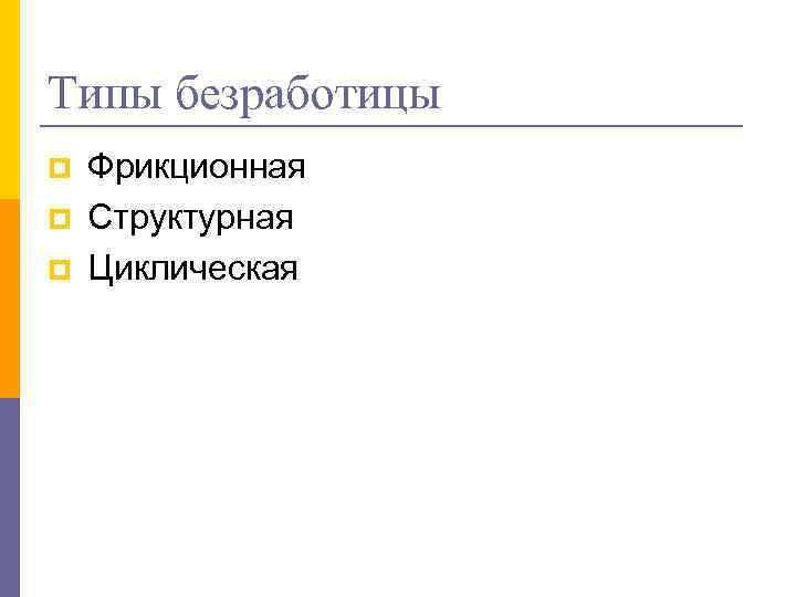 Типы безработицы p p p Фрикционная Структурная Циклическая 