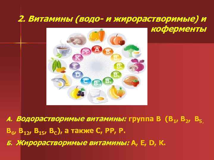 2. Витамины (водо- и жирорастворимые) и коферменты А. Водорастворимые витамины: группа В (В 1,