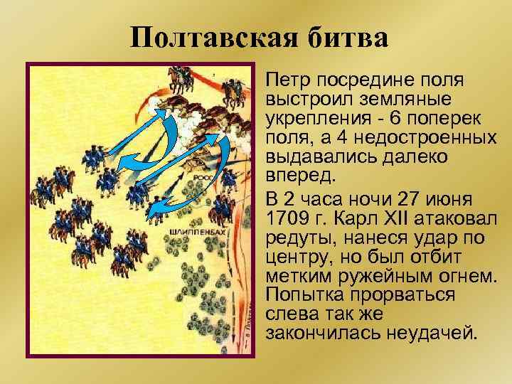 Полтавская битва Петр посредине поля выстроил земляные укрепления - 6 поперек поля, а 4