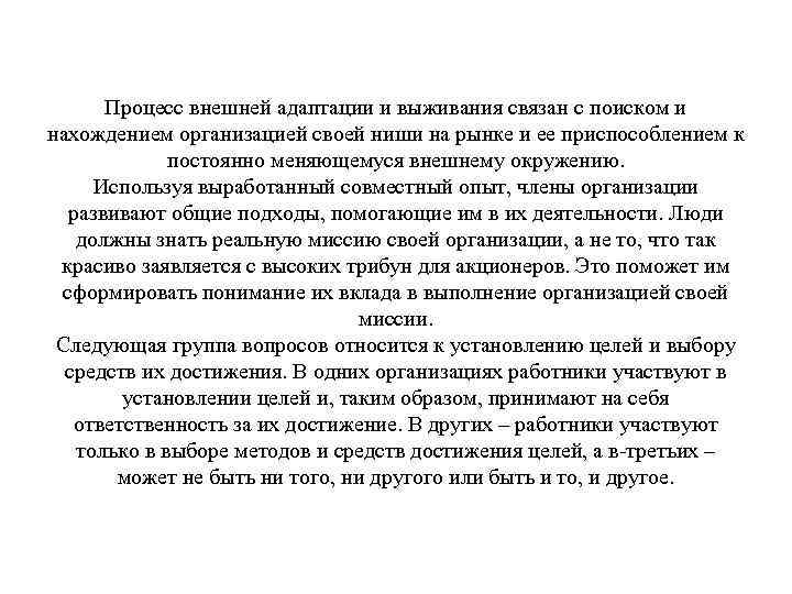 Процесс внешней адаптации и выживания связан с поиском и нахождением организацией своей ниши на