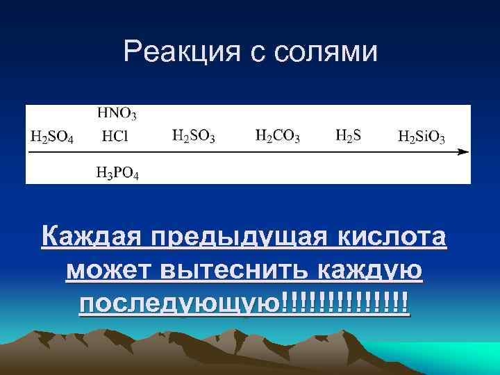 Реакция с солями Каждая предыдущая кислота может вытеснить каждую последующую!!!!!!! 