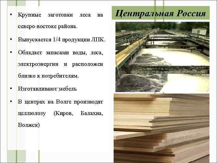  • Крупные заготовки леса на северо-востоке района. • Выпускается 1/4 продукции ЛПК. •