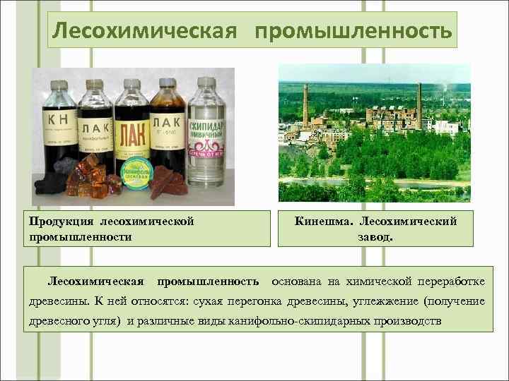 Лесохимическая промышленность Продукция лесохимической промышленности Лесохимическая промышленность Кинешма. Лесохимический завод. основана на химической переработке