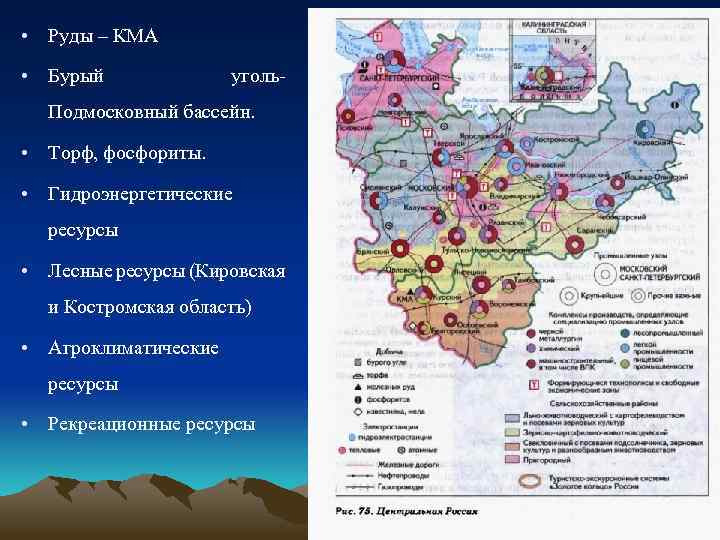  • Руды – КМА • Бурый уголь- Подмосковный бассейн. • Торф, фосфориты. •