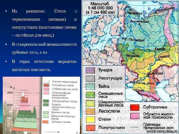  • На равнинах: черноземными Степи с почвами) и полупустыни (каштановые почвы – пастбище