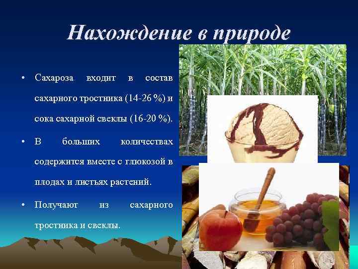 Нахождение в природе • Сахароза входит в состав сахарного тростника (14 -26 %) и