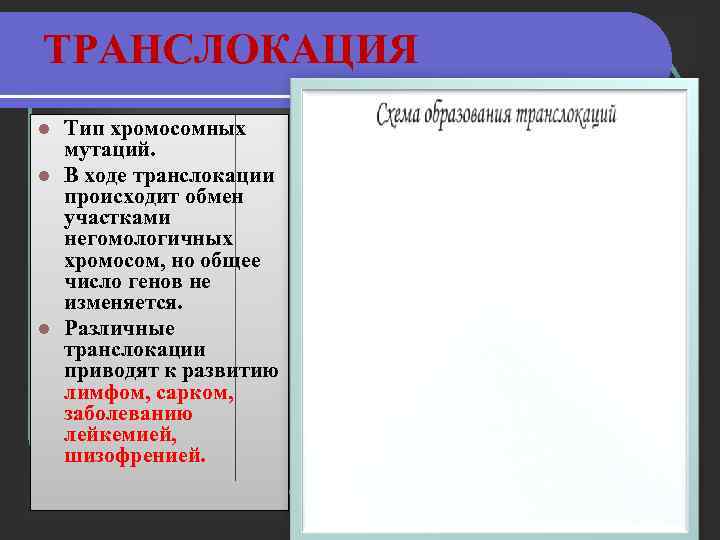ТРАНСЛОКАЦИЯ Тип хромосомных мутаций. l В ходе транслокации происходит обмен участками негомологичных хромосом, но