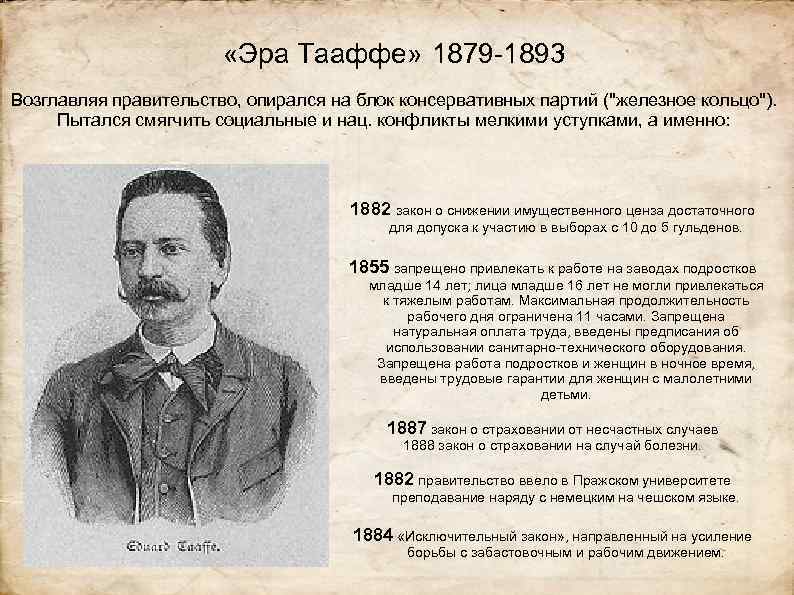  «Эра Тааффе» 1879 -1893 Возглавляя правительство, опирался на блок консервативных партий ("железное кольцо").
