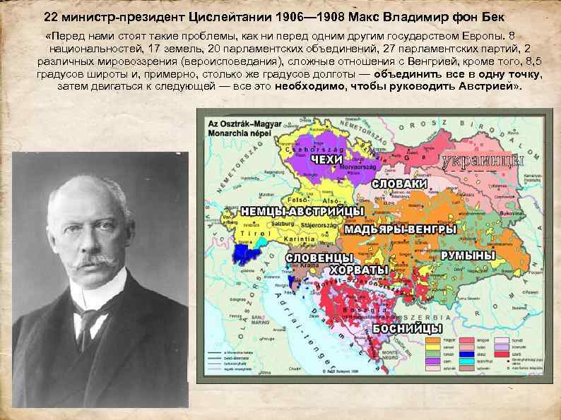 22 министр-президент Цислейтании 1906— 1908 Макс Владимир фон Бек «Перед нами стоят такие проблемы,