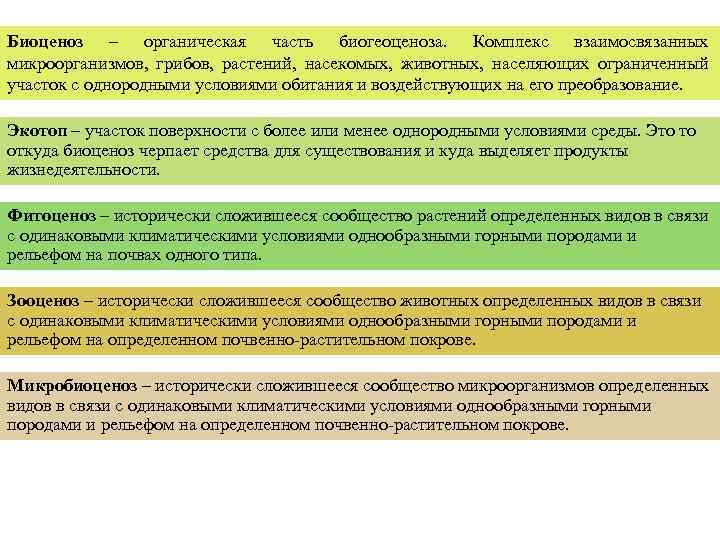 Биоценоз – органическая часть биогеоценоза. Комплекс взаимосвязанных микроорганизмов, грибов, растений, насекомых, животных, населяющих ограниченный