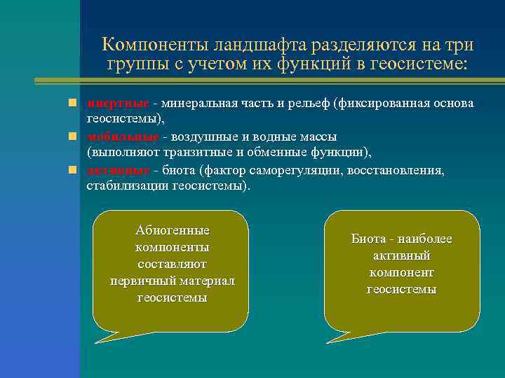 Компоненты ландшафта разделяются на три группы с учетом их функций в геосистеме: n инертные