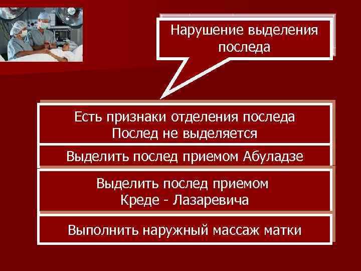 Нарушение выделения последа Есть признаки отделения последа Послед не выделяется Выделить послед приемом Абуладзе