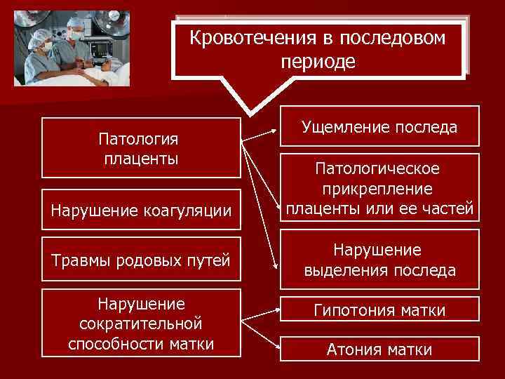 Кровотечения в последовом периоде Патология плаценты Нарушение коагуляции Травмы родовых путей Нарушение сократительной способности