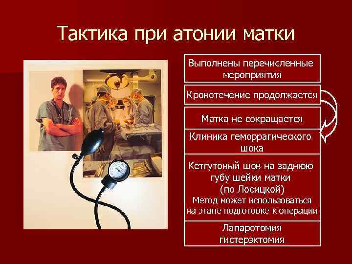 Тактика при атонии матки Выполнены перечисленные мероприятия Кровотечение продолжается Матка не сокращается Клиника геморрагического