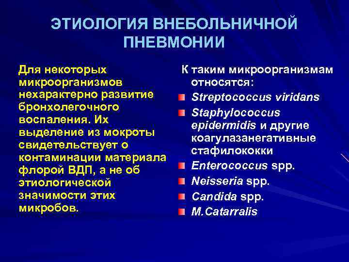 ЭТИОЛОГИЯ ВНЕБОЛЬНИЧНОЙ ПНЕВМОНИИ Для некоторых микроорганизмов нехарактерно развитие бронхолегочного воспаления. Их выделение из мокроты