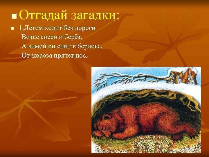 n n Отгадай загадки: 1. Летом ходит без дороги Возле сосен и берёз, А