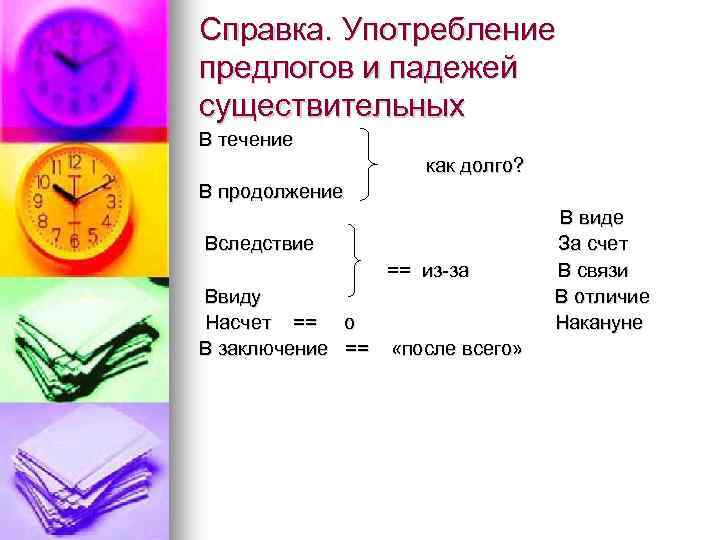 Справка. Употребление предлогов и падежей существительных В течение как долго? В продолжение В виде