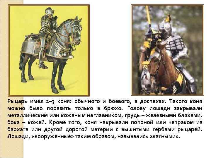 Рыцарь имел 2– 3 коня: обычного и боевого, в доспехах. Такого коня можно было