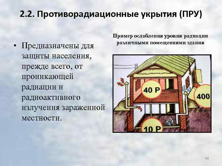 2. 2. Противорадиационные укрытия (ПРУ) • Предназначены для защиты населения, прежде всего, от проникающей