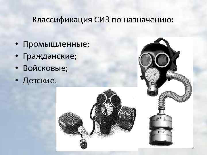 Классификация СИЗ по назначению: • • Промышленные; Гражданские; Войсковые; Детские. 54 