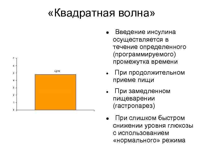  «Квадратная волна» Введение инсулина осуществляется в течение определенного (программируемого) промежутка времени При продолжительном