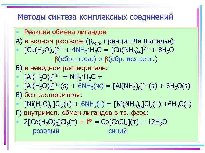 Методы синтеза комплексных соединений • Реакция обмена лигандов А) в водном растворе ( обр,