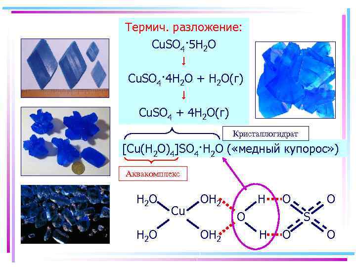 Аквакомплексы Термич. разложение: Cu. SO 4· 5 H 2 O Cu. SO 4· 4