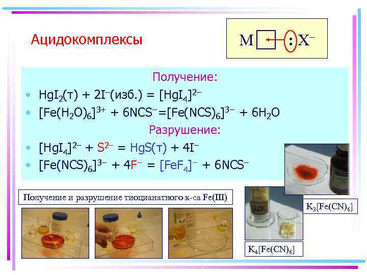 Ацидокомплексы • • M : Х– Получение: Hg. I 2(т) + 2 I–(изб. )