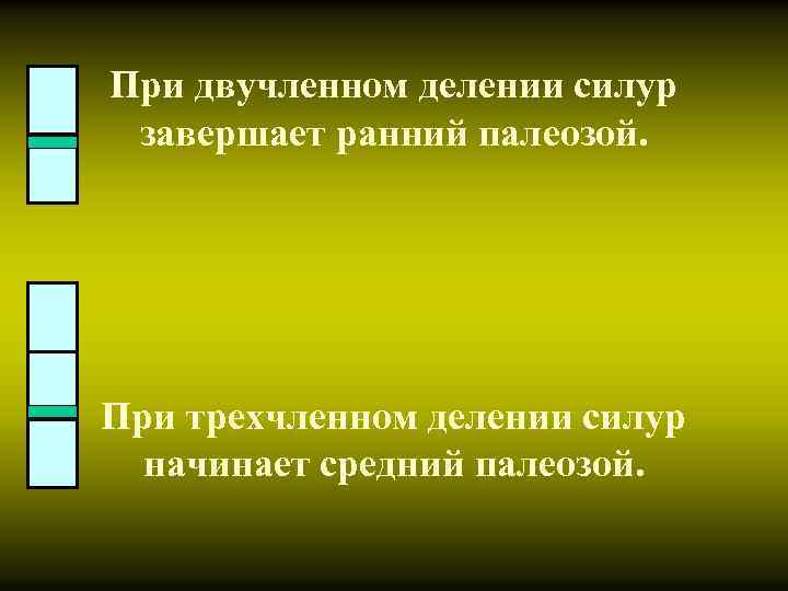 При двучленном делении силур завершает ранний палеозой. При трехчленном делении силур начинает средний палеозой.