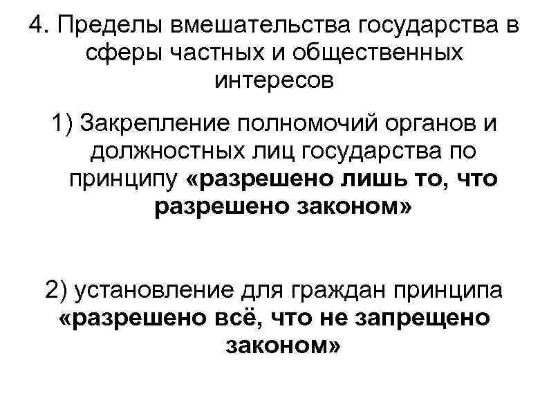 4. Пределы вмешательства государства в сферы частных и общественных интересов 1) Закрепление полномочий органов