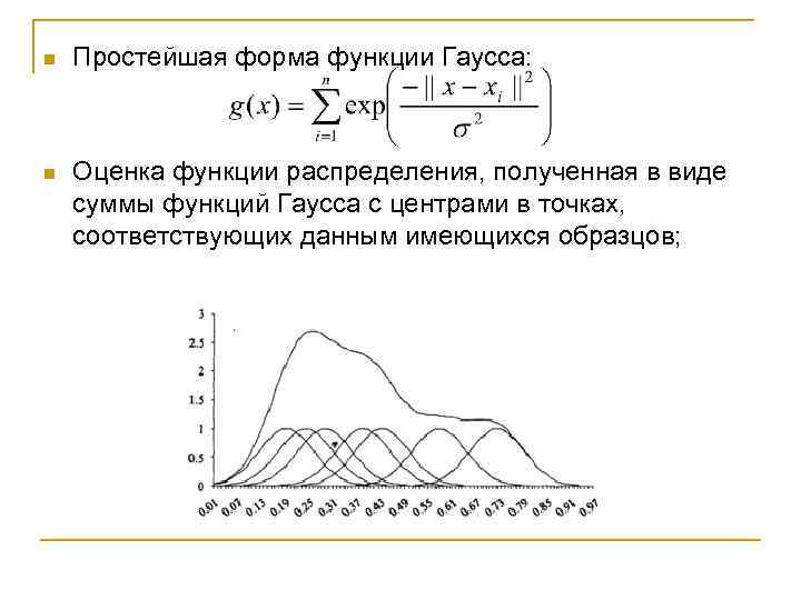 n Простейшая форма функции Гаусса: n Оценка функции распределения, полученная в виде суммы функций