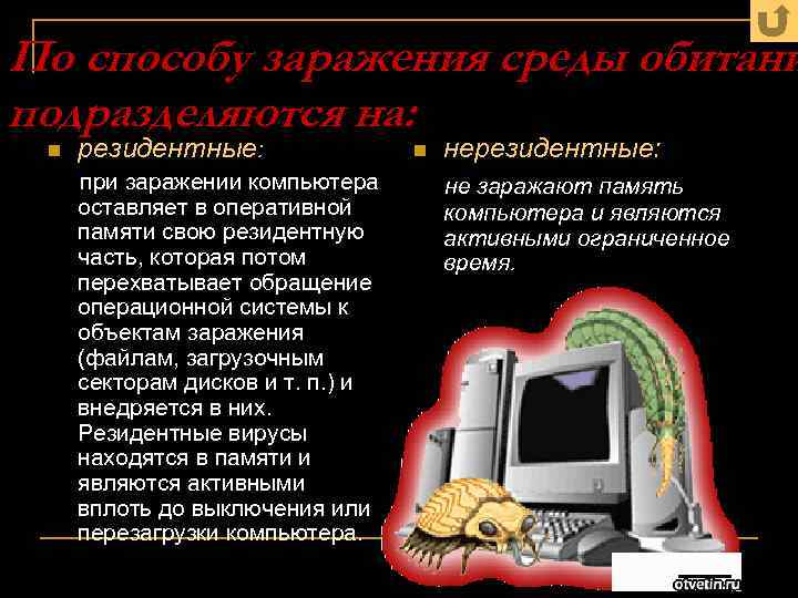 По способу заражения среды обитани подразделяются на: n резидентные: при заражении компьютера оставляет в
