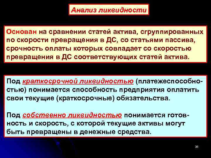 Анализ ликвидности Основан на сравнении статей актива, сгруппированных по скорости превращения в ДС, со
