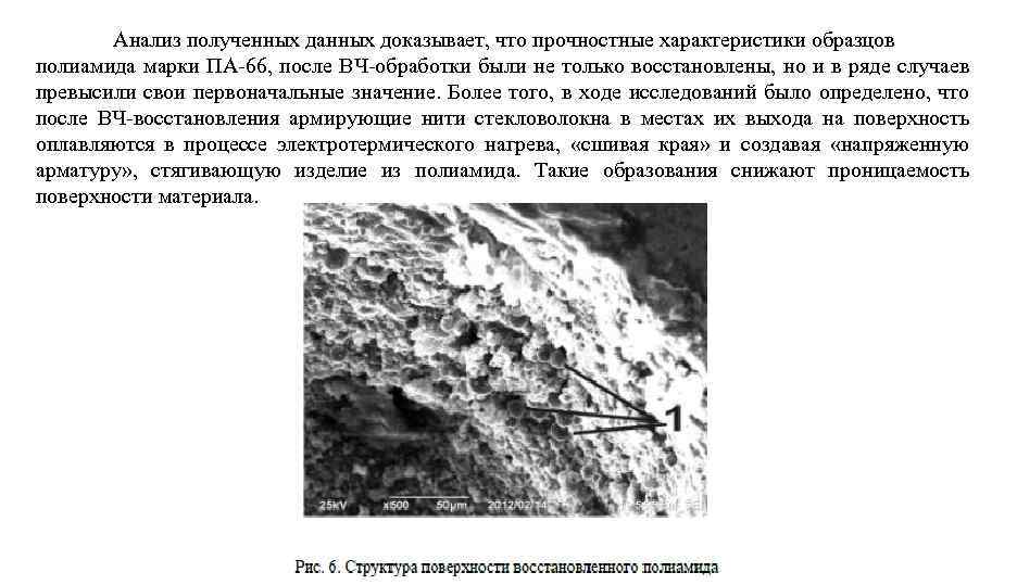 Анализ полученных данных доказывает, что прочностные характеристики образцов полиамида марки ПА-66, после ВЧ-обработки были
