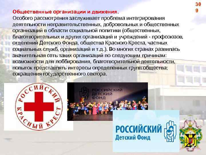 Общественные организации и движения. Особого рассмотрения заслуживает проблема интегрирования деятельности неправительственных, добровольных и общественных