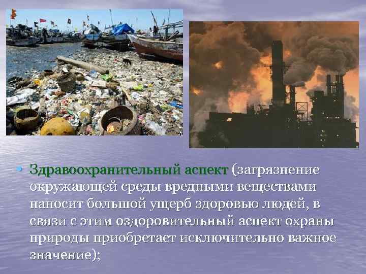  • Здравоохранительный аспект (загрязнение окружающей среды вредными веществами наносит большой ущерб здоровью людей,