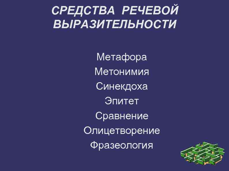 СРЕДСТВА РЕЧЕВОЙ ВЫРАЗИТЕЛЬНОСТИ Метафора Метонимия Синекдоха Эпитет Сравнение Олицетворение Фразеология 